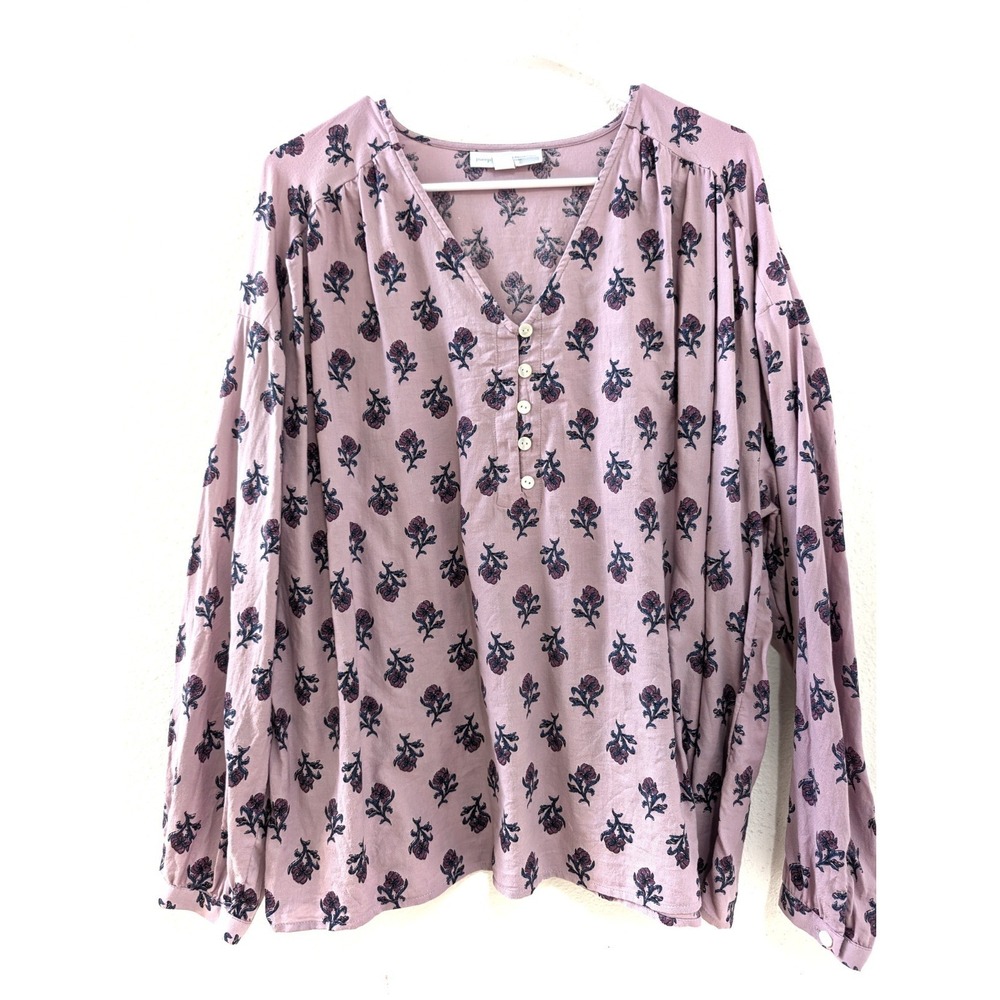 Pure Jill Rose Pattern Floral Blouse Lavender XL Organic Cotton Long Sleeve